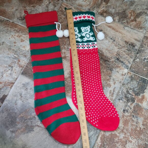 Knitted Christmas Stockings Teddy Bears Hearts Striped Pattern Set of 2 Large S - Picture 4 of 9